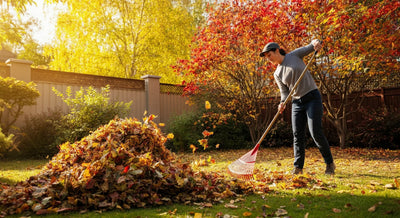 Person raking colorful autumn leaves in a backyard during fall cleanup.