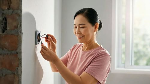 A woman working with electrical wiring.