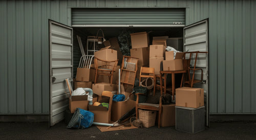 Outside view of a cluttered storage unit with cardboard boxes, furniture, and items overflowing from the open door.