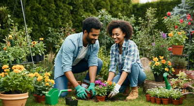 Couple gardening together in a lush green backyard, planting flowers and tending to plants.