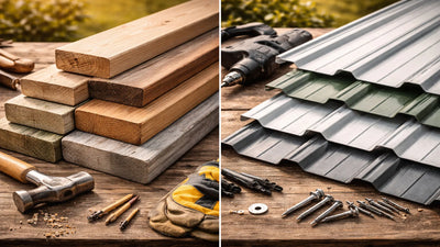 Stacked wooden boards next to corrugated metal panels on a rustic workbench in soft natural light.