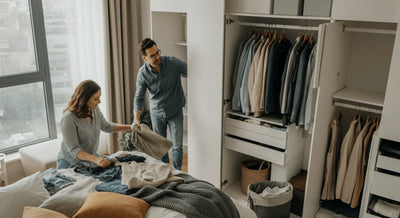 Couple working together to declutter a bedroom closet, sorting clothes and organizing items.