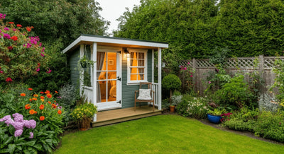 Charming she shed in a suburban backyard surrounded by flowers and lawn, used as a cozy retreat space.