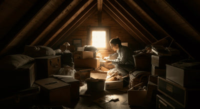 Individual searching through a cluttered attic filled with boxes and old household items.
