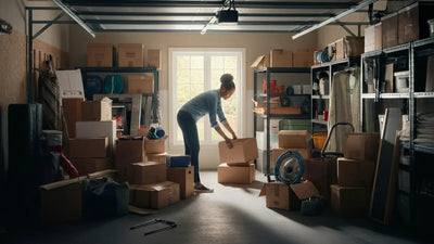 Modern metal storage building with double doors and custom windows in a suburban backyard