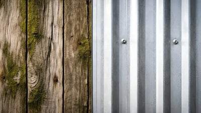 Close-up comparison of weathered wooden planks with cracks and moss beside clean galvanized steel panels, highlighting material durability