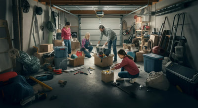 Family cleaning a cluttered garage with scattered tools, boxes, and storage bins.