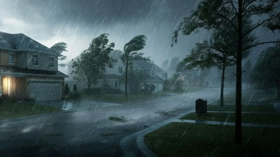  A suburban neighborhood during a hurricane with trees blowing and branches in the street.