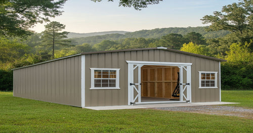 Home gym inside a portable cabin, equipped with weights and yoga mats.