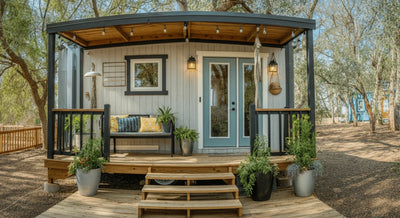 Tiny home with outdoor seating area, potted plants, and decorative elements on the porch.