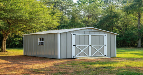 Portable garage with built-in shelving, providing organized storage for tools and equipment