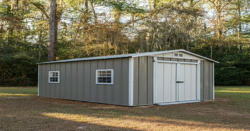 Hunting storage shed with bow racks, camouflage gear, and insulated walls for comfort