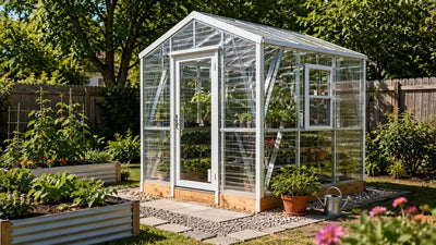 backyard greenhouse with transparent panels and white framing surrounded by raised garden beds, potted plants, and a landscaped backyard garden in bright natural sunlight.