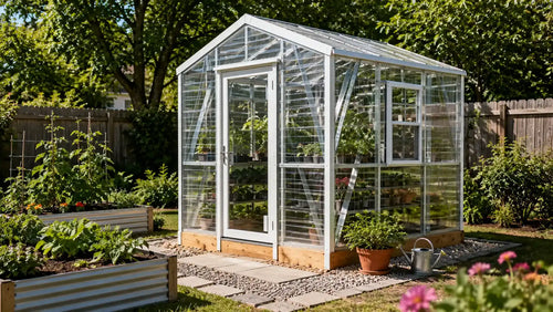 backyard greenhouse with transparent panels and white framing surrounded by raised garden beds, potted plants, and a landscaped backyard garden in bright natural sunlight.