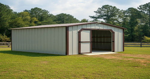 Interior of a converted prefab shed featuring a small living space with modern furnishings