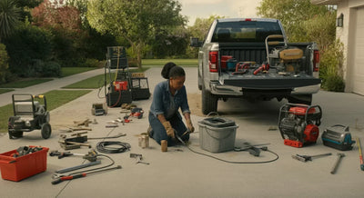 Metal storage shed in a sunny backyard with garden tools organized on shelves