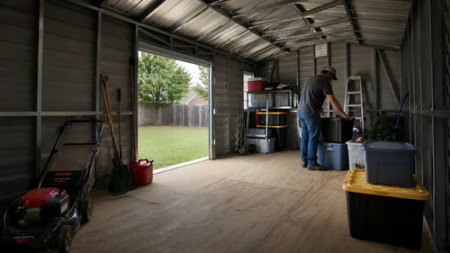 Interior of a metal storage building with roll-up door, organized with tools and storage bins in a backyard setting