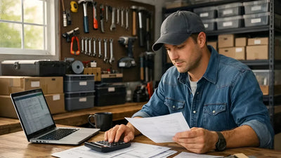 Small business owner reviewing paperwork and using a calculator in an organized workshop with tools and storage bins in the background.
