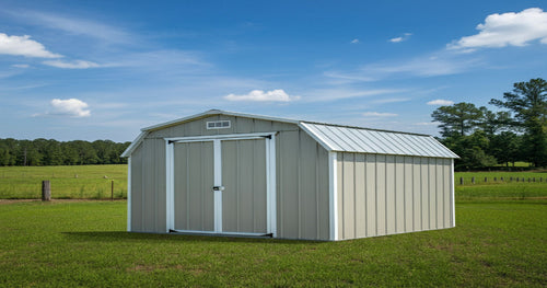 Mini garage with a roll-up door, ideal for storing outdoor gear, bikes, and lawn equipment