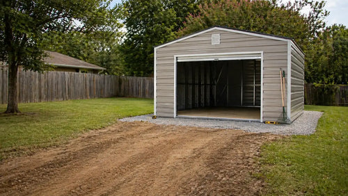  Metal storage shed with roll-up door installed on a level gravel pad in a backyard