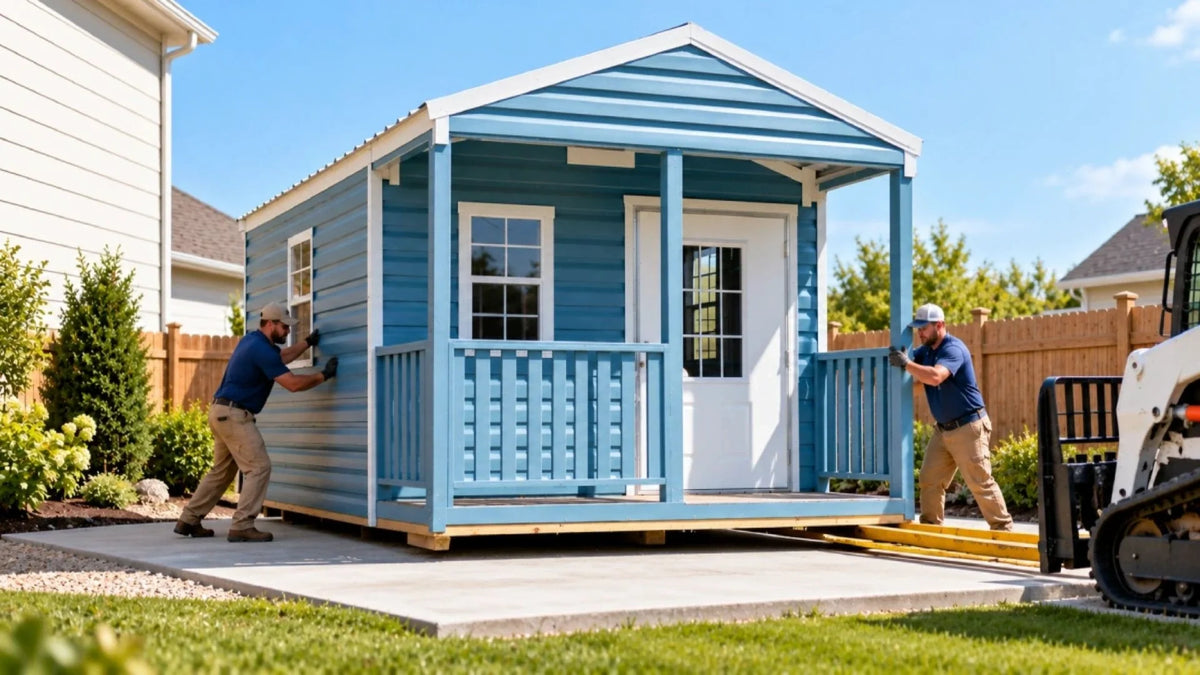 Delivery crew positioning a fully assembled steel shed in a homeowner’s backyard.