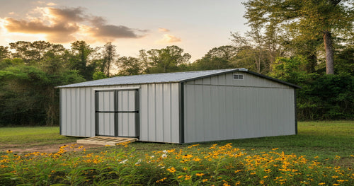 A charming backyard shed surrounded by colorful flowers and lush greenery, creating a picturesque outdoor space