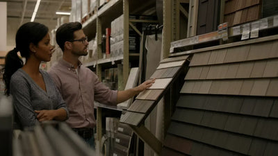 A young couple viewing siding materials within a home improvement store.