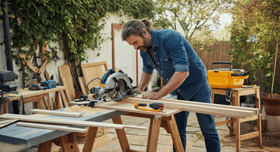 Man using a circular saw and tools for a woodworking project in a backyard workspace.