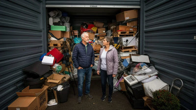  A middle-aged couple standing in front of their overcrowded storage unit.