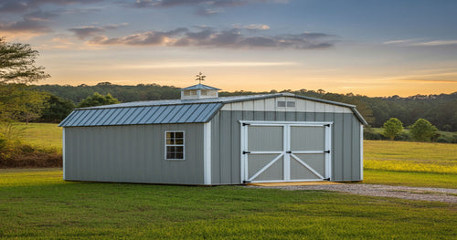 Portable storage shed with built-in shelving, perfect for organizing inventory and supplies