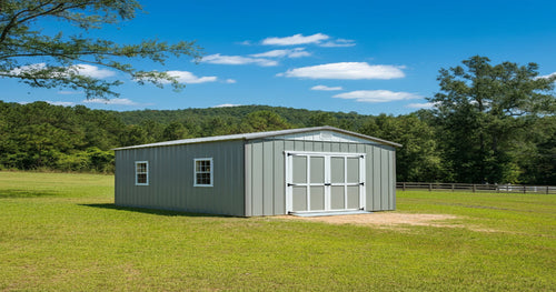 Portable mobile garage in a small backyard, storing a car and tools