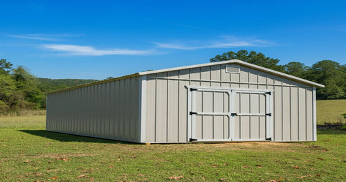 A well-organized portable storage shed with shelving, tools, and seasonal items neatly arranged