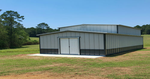 Metal storage shed standing strong against heavy rain and wind, highlighting its durability and reliability