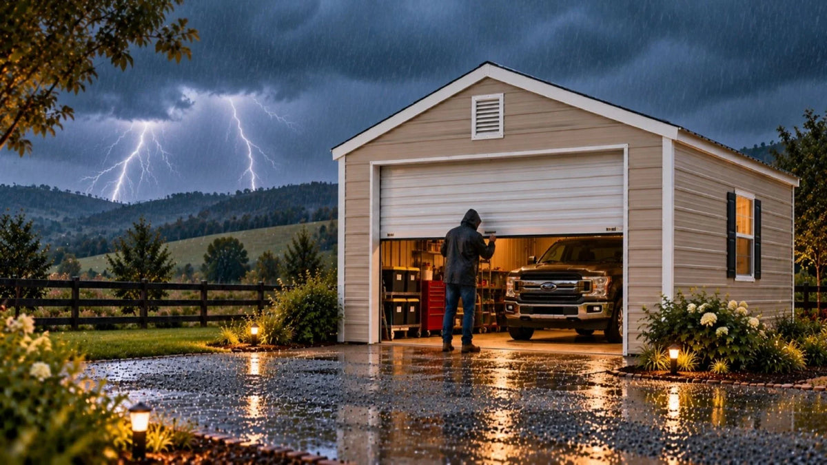 homeowner closing roll door on a steel shed in a southern rainstorm