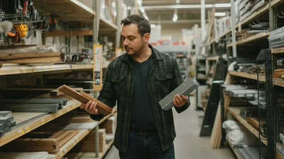 A man looking at wooden and steel building materials in a home improvement store.