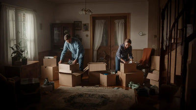 A husband and wife sorting through clutter and boxes in a spare room