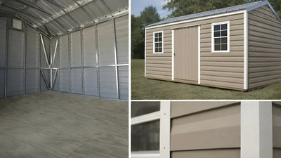Man working in a backyard metal shed workshop with tools, workbench, and open doors for natural light