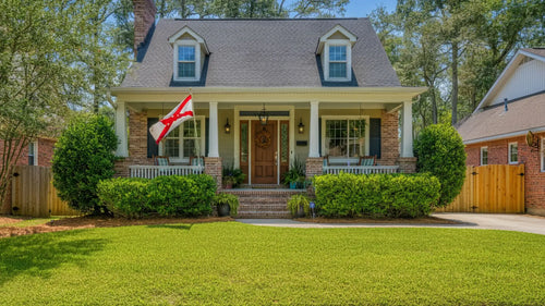 A suburban home in Alabama with the Alabama state flag flying out front.
