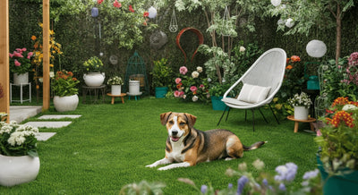 Dog relaxing on the grass in a well-maintained backyard with trimmed lawn and garden features.