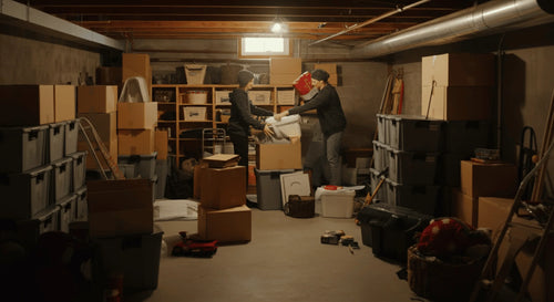Two individuals sorting through a cluttered basement with stacked boxes and plastic storage bins.
