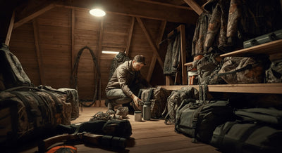 Man searching through an attic filled with camouflage gear, hunting supplies, and outdoor equipment.