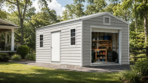 Upgraded steel backyard storage building with loft storage, shelving, and a workbench visible through the open roll-up door.