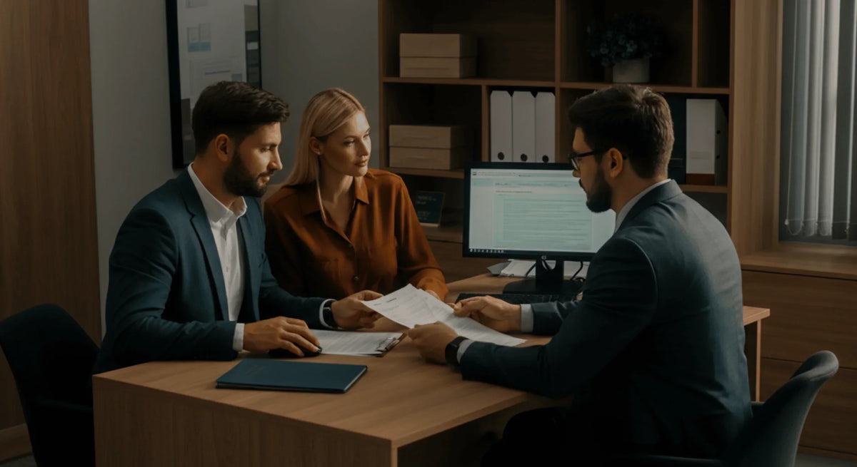 A couple sitting across from an accountant reviewing tax documents in a professional tax office.