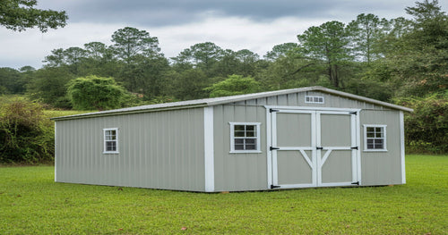 Well-organized portable shed interior with shelves, tools, and gardening supplies