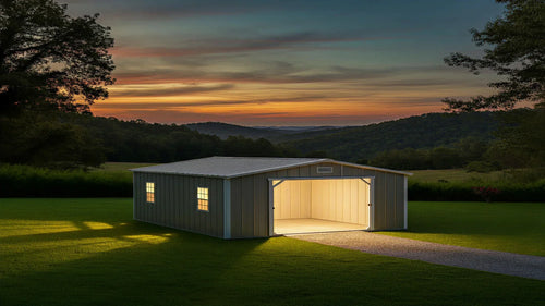 Private fitness area with equipment inside a metal shed