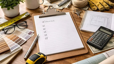 Measuring tape, checklist, graph paper, and phone arranged on a kitchen table for shed planning
