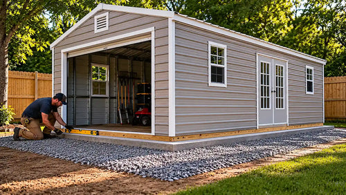 Worker leveling and inspecting the foundation of a large metal shed on a gravel and concrete base in a residential backyard, demonstrating proper shed foundation preparation and stability.