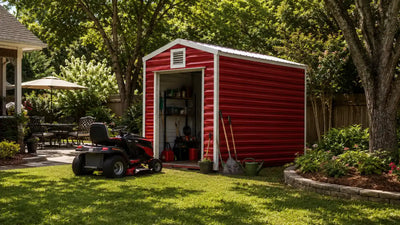 Modern red galvanized steel portable storage shed in a landscaped Southeast backyard with the door open, organized shelving, lawn and garden tools inside, and a riding mower parked nearby under bright natural daylight.