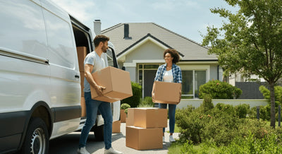 Young couple unloading boxes from a moving van outside their new suburban home.