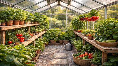 Interior of a medium-sized backyard greenhouse with wooden shelves filled with potted vegetables, leafy greens, tomatoes, and cucumbers under soft natural light.